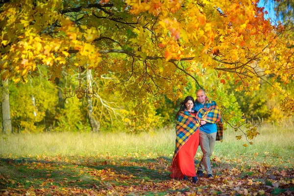Lyckliga paret i en vacker höst park — Stockfoto