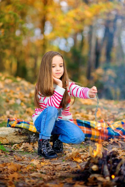 Menina feliz fritando marshmallows no fogo — Fotografia de Stock