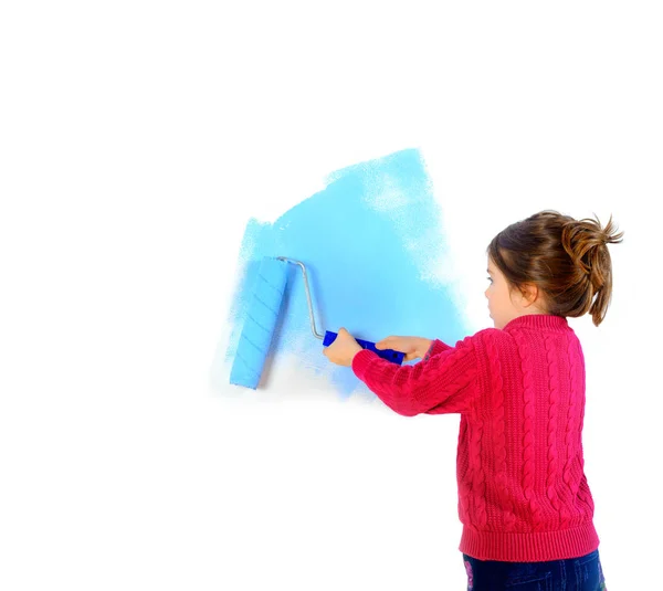 Mädchen Bemalt Eine Wand Mit Einem Farbroller Zum Malen Isoliert — Stockfoto
