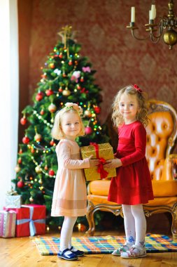 iki güzel küçük kız bir hediye ile büyük bir kutu tutarak ve gülümseyen, arka planda bir neşeli Noel tre elbiseler