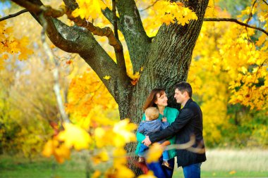 mutlu aile elini kolunu sallaya bir sonbahar parkında dönüyor, stand ve sarılmak yakınındaki güzel foliag ile büyük bir ağaç