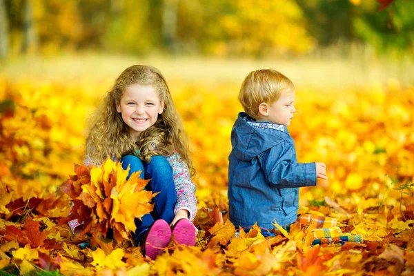 Güzel Çocuk Ile Düşen Yapraklar Açık Havada Oynamak Var Sonbahar — Stok fotoğraf