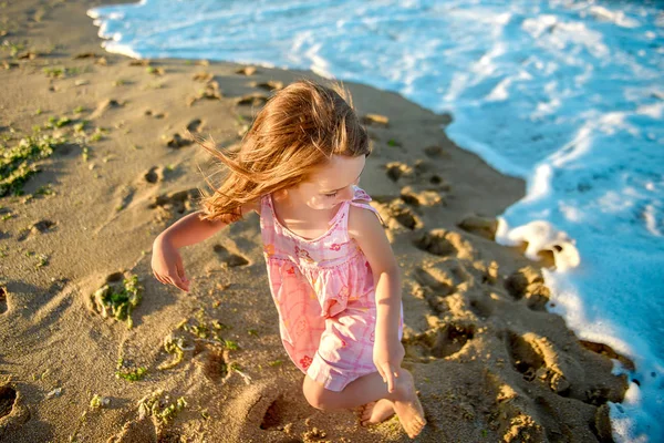 Beautiful Little Girl Dress Running Playing Beac — Stock Photo, Image