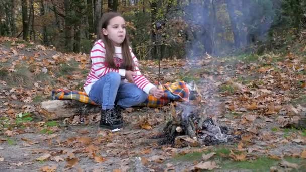Healthy Outdoor Recreation Beautiful Little Girl Resting Park Frying Marshmallows — Stock Video