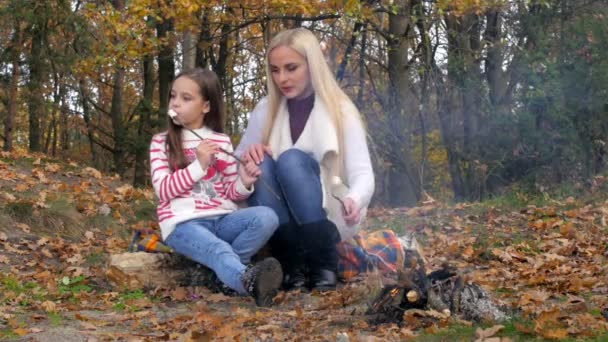 Здоровый Отдых Свежем Воздухе Мать Дочь Отдыхают Красивом Парке Жарят — стоковое видео