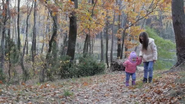 Девушка Гуляет Своей Младшей Сестрой Красивом Парке Держит Руку Учит — стоковое видео