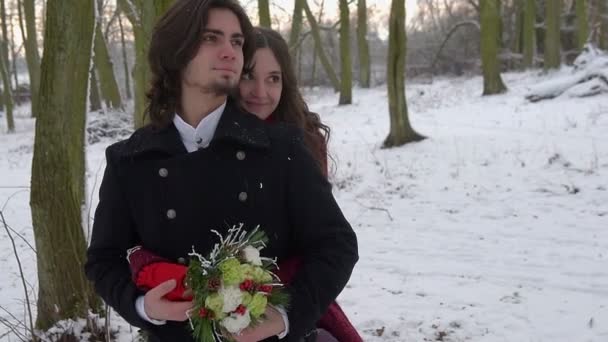 Hermosa Pareja Boda Parque Invierno — Vídeos de Stock