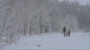 Anne ve kızı kış parkında tasmalı bir köpekle yürüyorlar. Kış durgun