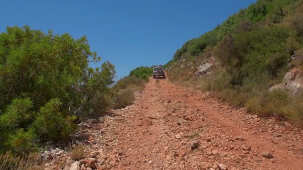 Suv Goes Gravel Road Break Clear Sunny Day — Stock Video