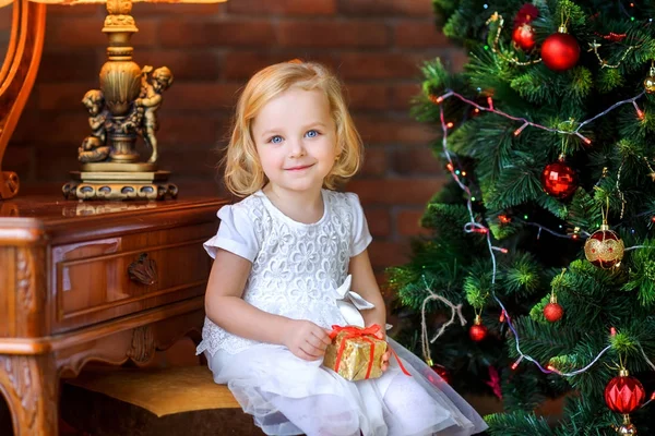 Красивая Маленькая Девочка Возле Праздничной Елки Подарком Руках Улыбкой Стоковое Изображение