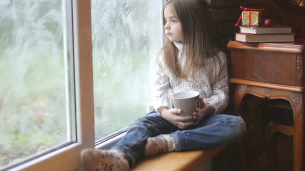 Hermosa Niña Con Una Taza Caliente Sienta Junto Ventana Mira — Vídeo de stock