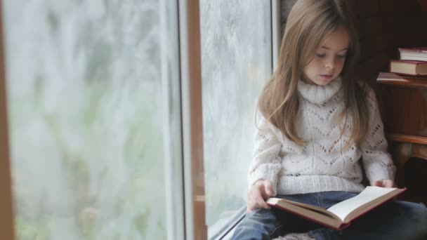 Hermosa Niña Está Leyendo Libro Sentado Cerca Una Ventana — Vídeos de Stock