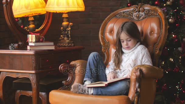 Όμορφο Κοριτσάκι Διαβάζοντας Ένα Βιβλίο Ενώ Κάθεται Μια Καρέκλα Κοντά — Αρχείο Βίντεο