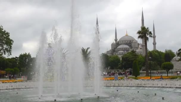 View Blue Mosque Sultanahmet Park Beautiful Fountains Lots Greenery Foreground — Stock Video