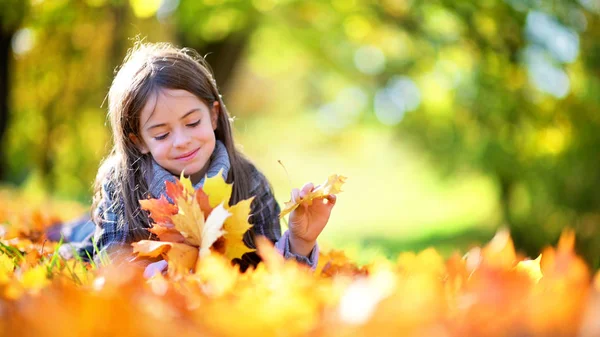 Schattig Klein Meisje Met Haar Haar Ligt Gevallen Gebladerte Een — Stockfoto