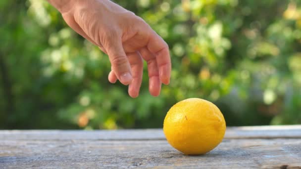 Man Hand Skär Kniv Halv Färsk Saftig Citron — Stockvideo