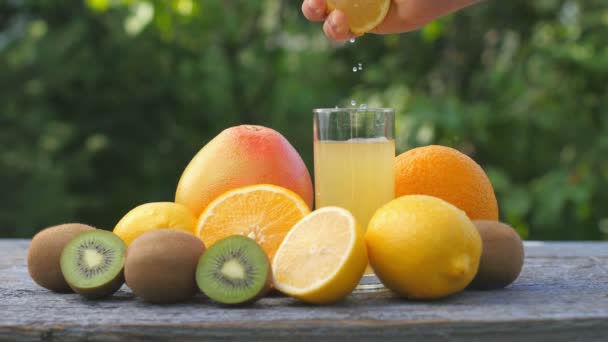 一只雄性手把水果中的果汁挤进水果中的杯子里 桌上有许多不同的水果 有用的食物概念 — 图库视频影像