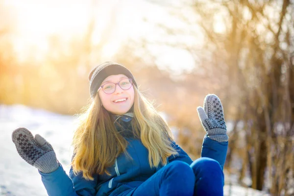 Cute Girl Sledding Snowy Winter Park Children Have Fun Have — Stock Photo, Image