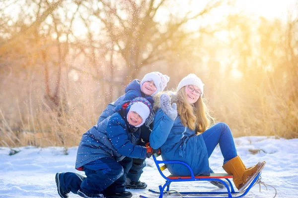 Bambini Felici Giocano Parco Invernale Innevato Tramonto Slittino Divertirsi Divertimento — Foto Stock