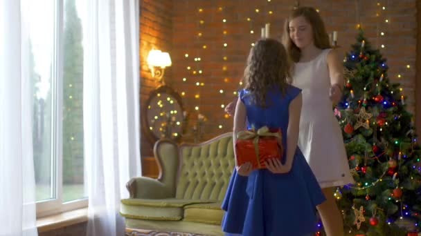 Una Niña Vestido Regalo Hermana Habitación Fondo Árbol Navidad Festivo — Vídeos de Stock