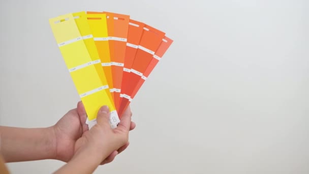 Projektantka Stojąca Przy Ścianie Paletą Kolorów Rękach Wybiera Kolor Malowania — Wideo stockowe