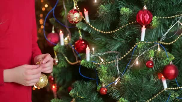 Children Hands Decorate Christmas Tree Room Decorative Balls Preparing Christmas — Stock Video