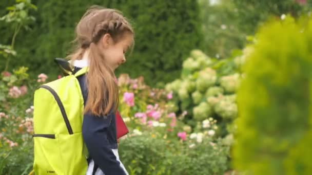 Girl Schoolgirl Backpack Book Her Hands Park School Dials Number — Stock Video