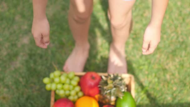 Hebt Das Mädchen Auf Und Hält Kisten Mit Reifen Früchten — Stockvideo