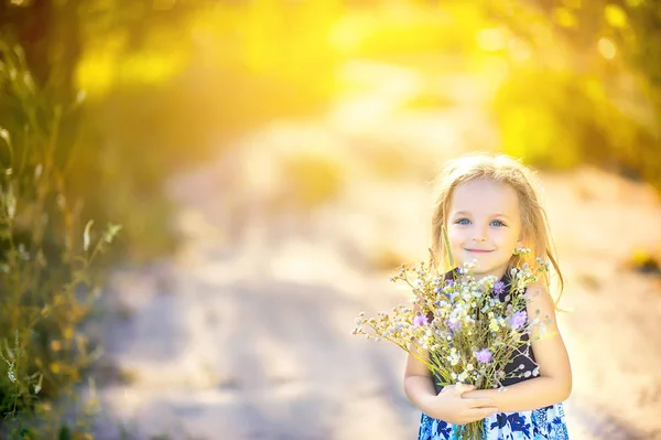 Słodka Dziewczynka Bukietem Dzikich Kwiatów Parku Zachodzie Słońca Dzieci Bawią — Zdjęcie stockowe