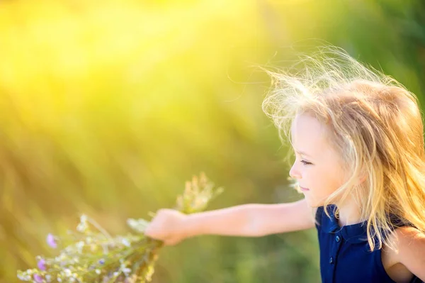 Menina Bonito Com Buquê Flores Silvestres Parque Pôr Sol Crianças — Fotografia de Stock