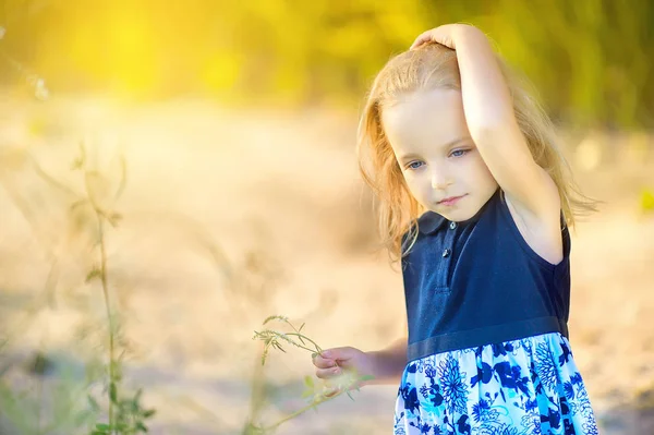 Мила Дівчинка Позує Парку Заході Сонця Діти Грають Розважаються Відкритому — стокове фото