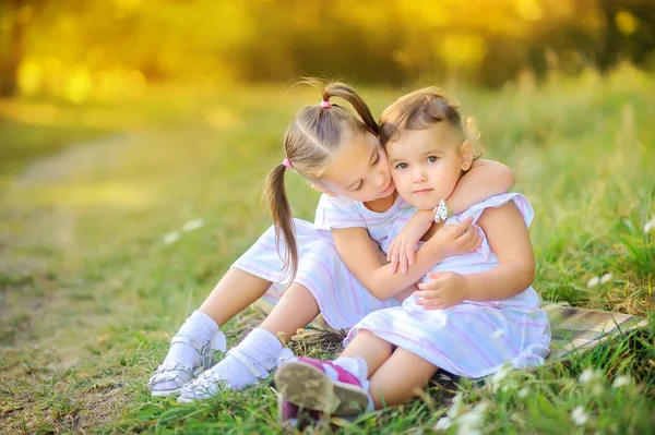 Милі Діти Ходять Парку Заході Сонця Дівчата Ніжно Обіймаються Сидячи — стокове фото