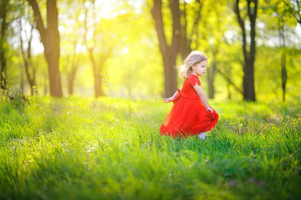 Menina Bonito Vestido Vermelho Caminha Belo Parque Primavera Crianças Relaxam — Fotografia de Stock