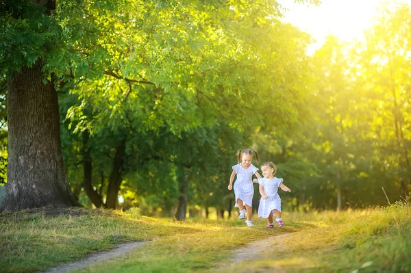 Aranyos Gyerekek Sétálnak Parkban Naplementekor Lányok Végigfutnak Úton Jól Érzik — Stock Fotó