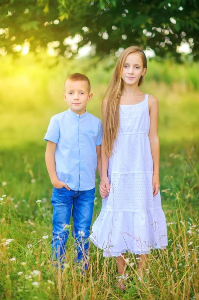 Portret Van Kinderen Buiten Broer Zus Houden Elkaars Hand Vast — Stockfoto