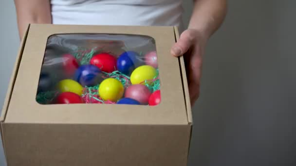 Woman Opens Shows Box Colorful Easter Eggs Easter Decorations Easter — Stock video