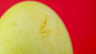 Yakın plan sarı paskalya yumurtaları kırmızı arka planda döner. 360 derece dönüş. Paskalya süsleri. Paskalya konsepti arka planı.