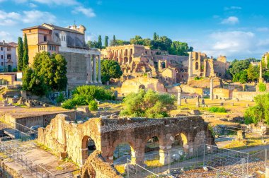 Antik Roma forumunun harabelerinin manzarası. Roma 'nın antik mimarisi. ünlü mimari simgenin üzerinde.