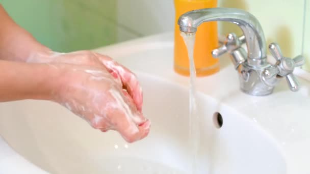 Girl Washes Her Hands Soap Bathroom Sink Next Flowing Water — Stock Video