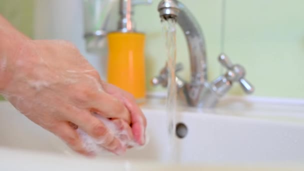 Girl Washes Her Hands Soap Bathroom Sink Next Flowing Water — Stock Video