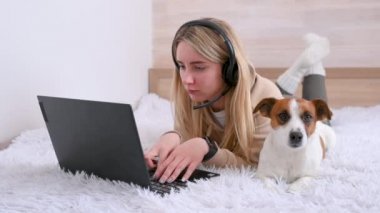 Çevrimiçi iş. Serbest çalışan genç bir kız evinde, yatağında dizüstü bilgisayarıyla çalışıyor. Yanında da sevimli bir köpek yatıyor. Mesafe öğrenme. Ev kavramından çalış. hayvanlar ve insanlar