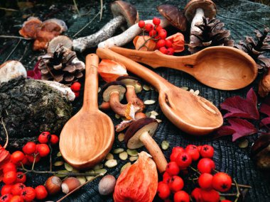 Woodwork, tahta kaşık, renkler sonbahar, mantar hasat