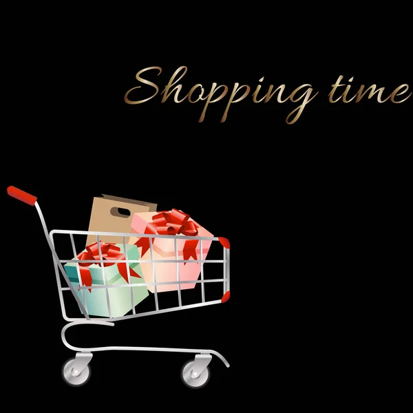 Alışveriş sepeti alışveriş torbaları ve hediye kutuları dolu. Çağdaş bir tarzda. Siyah bir arka plan tasarlamak vektör.