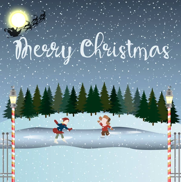 Bir Noel arka plan vektör Illustration. Arka planda pateni çocuk ve Noel Baba ile güzel Noel görüntüsü.