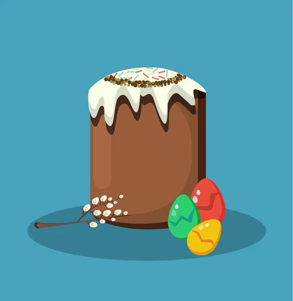 Paskalya tebrik kartı. Paskalya kek, yumurta ve Söğüt dalı. Düz stil vektör çizim