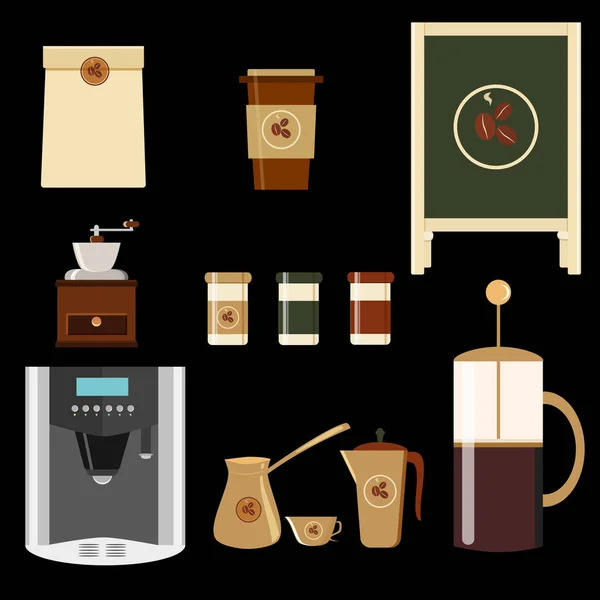 Büyük düz stil simgeler kümesi. Şık kahve simgeler kümesi. Kahve, kahve içecekler, kahve kap ve diğer cihazlar