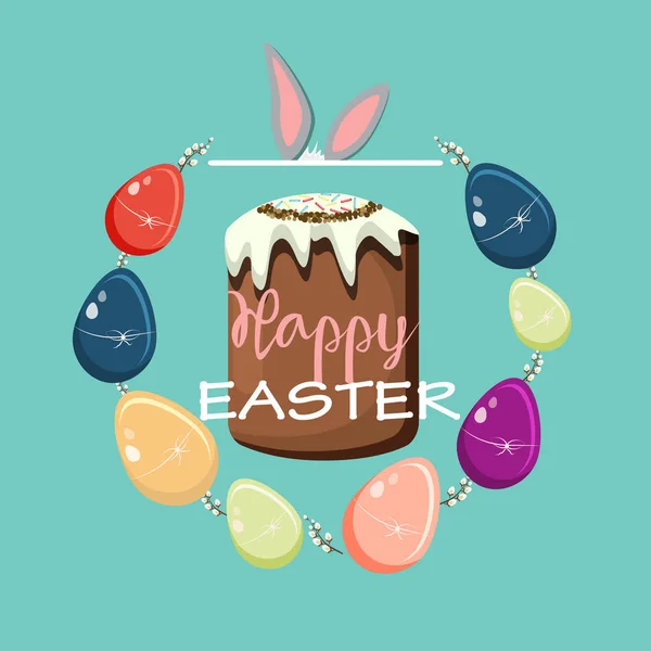 Bunny ve metin ile renkli mutlu Paskalya tebrik kartı. Vektör çizim