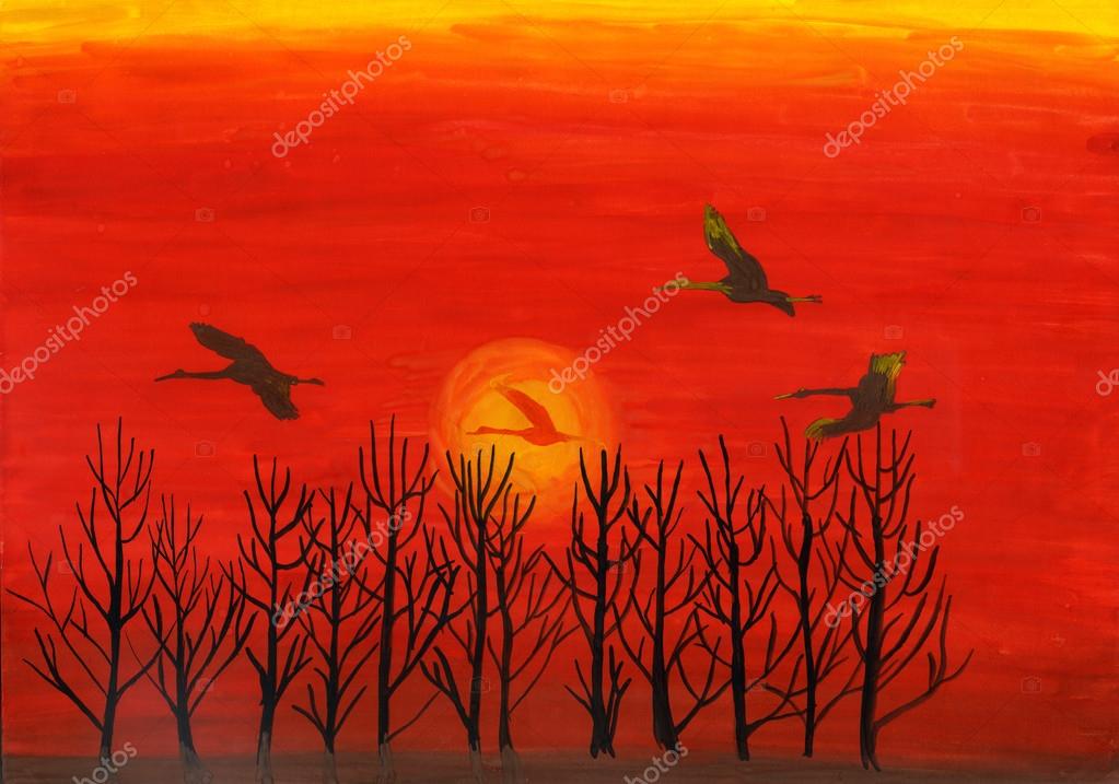 Coucher De Soleil Peinture Aquarelle Avec Des Volants De