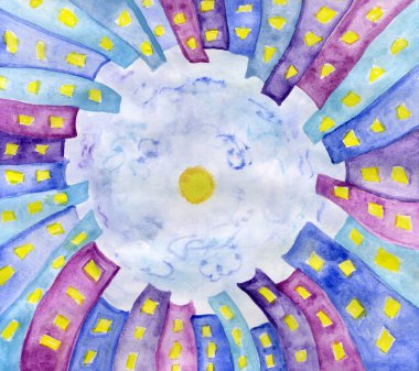 Suluboya mavi bir daire ev daire içinde pencere eşiği ile evler.