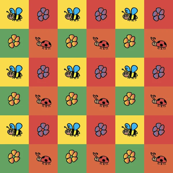 昆虫の背景。カラフルな正方形の背景にハチてんとう虫花柄コレクション. — ストックベクタ